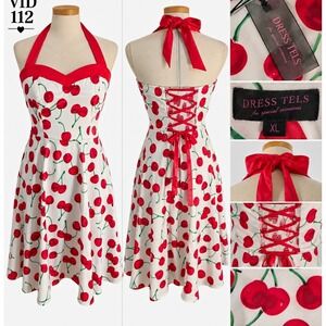 Dress Tells XL Cherry Print Rockabilly Pinup Dress NWT Halter Corset 50s Retro